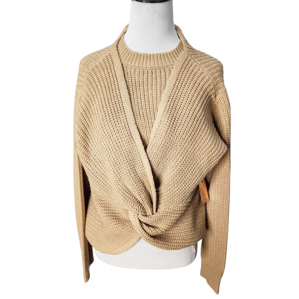 NWT Almost Famous Cozy Tan Women's Sweater Twist in Back or Front Size Large